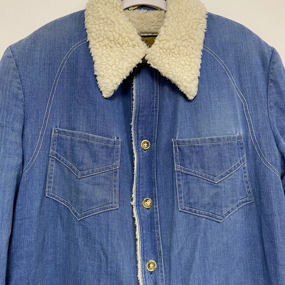 Vintage Robert Lewis Mens Size 44 Denim Sherpa Button Up Shirt Jacket Shaket - Picture 2 of 7